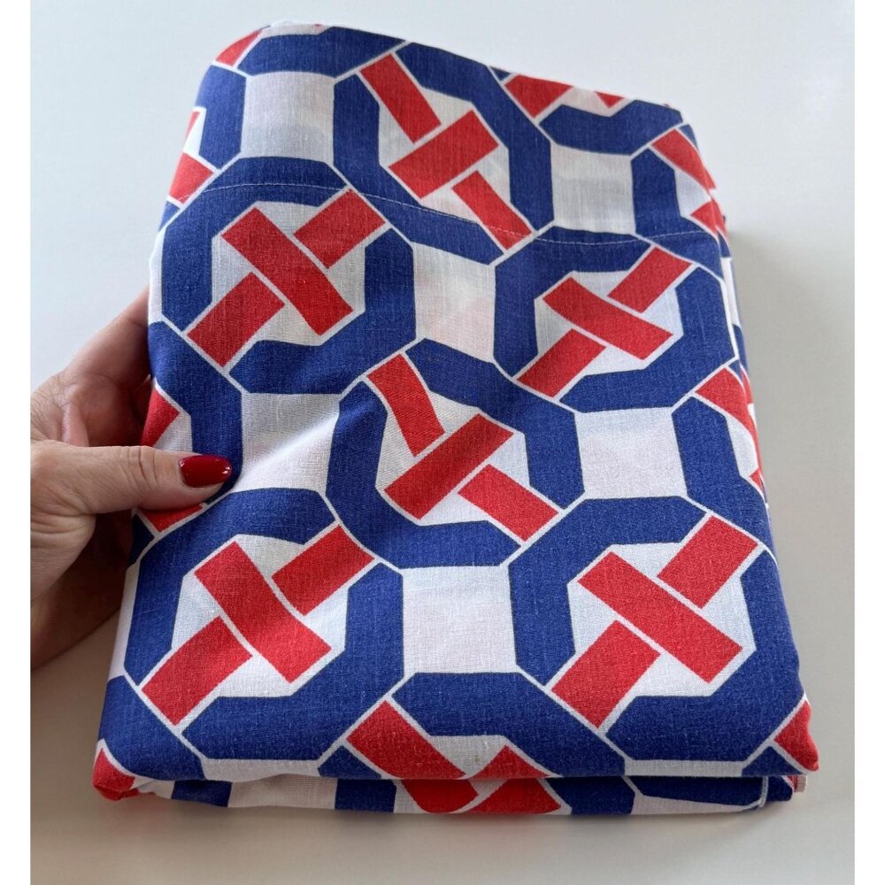 Vintage 70s flat / top sheet, red white blue geometric shapes, Sears, twin size